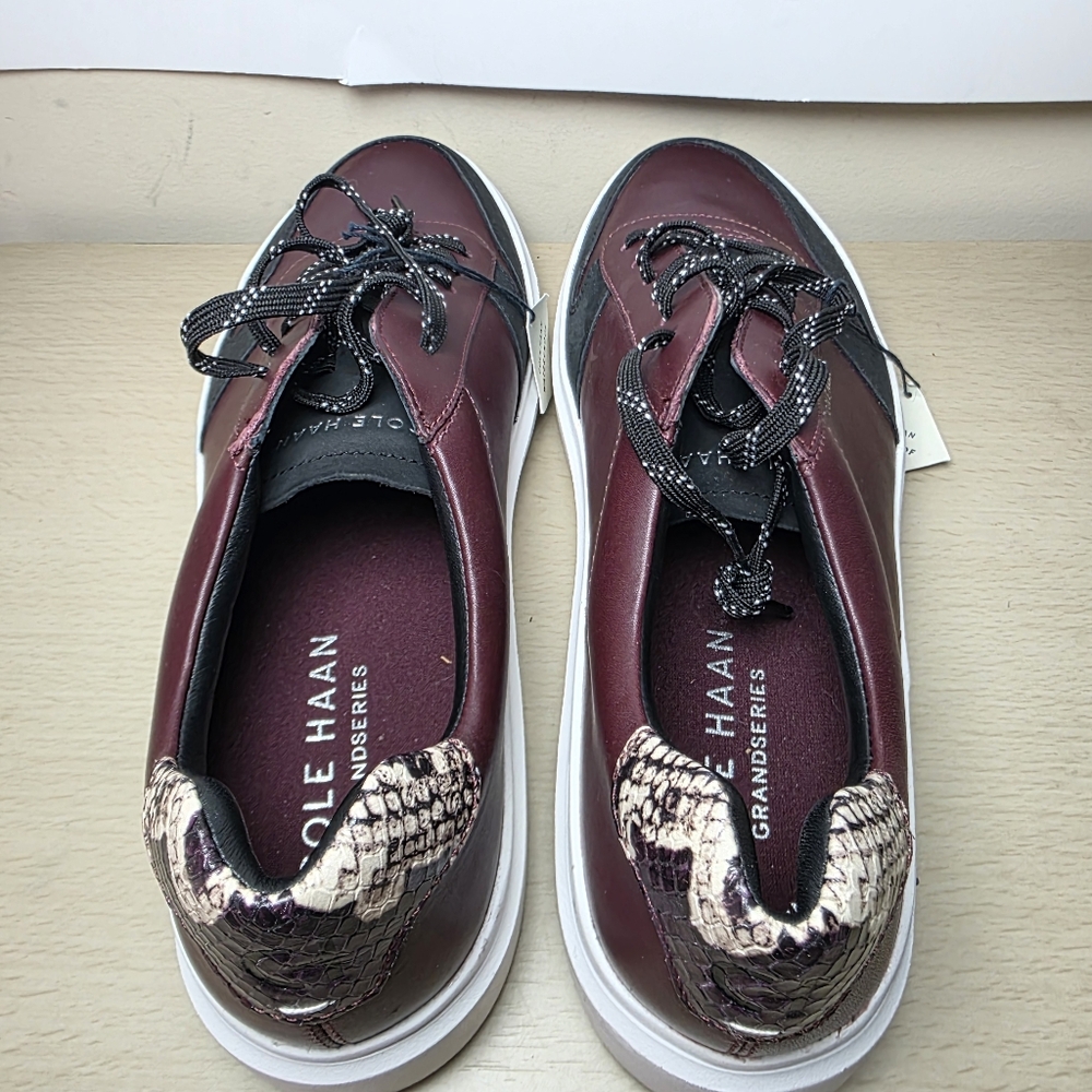 Cole Haan Burgundy Black Leather Sneakers Snake Animal Print Detail Women 10B - Picture 5 of 9